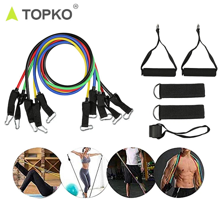 TOPKO 5 Levels Adjustable Gym Fitness Workout Elastic 11pcs Tpe Latex Resistance Bands Tube Set with logo