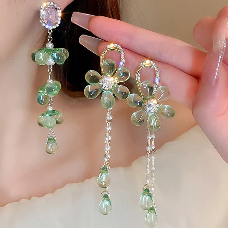 Silver Needle Inlaid Diamond Pearl Crystal Flower Long Earrings Design Tassel Green Acrylic Flower Earrings