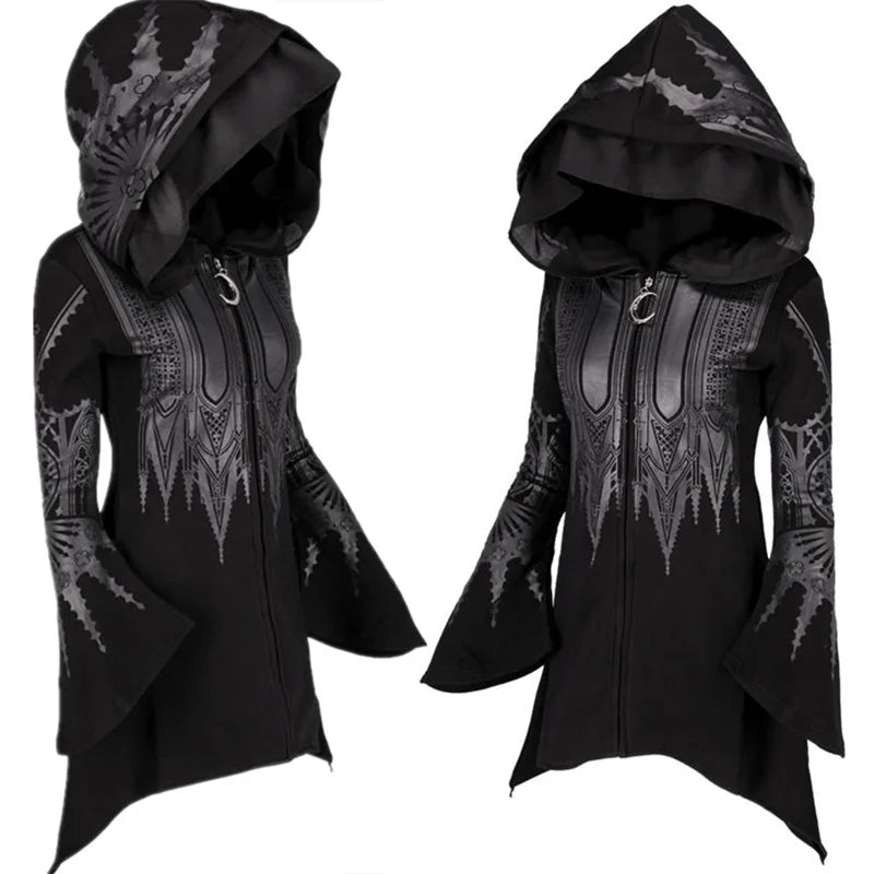 Gothic Coats for Women Dark Black Hoodie Vintage Autumn Winter 2023 Women's Punk Style Black Long Hooded Printed Hoodie Female