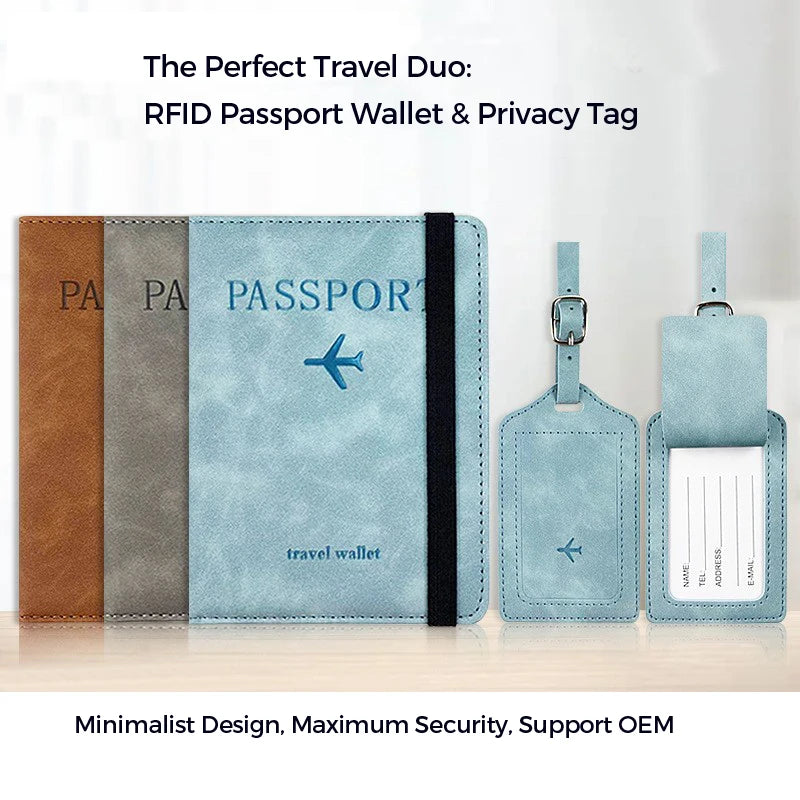 Customized Design Rfid Blocking Passport Holder Travel Wallet Cover Gift Leather Passport Holder and Luggage Tag Set