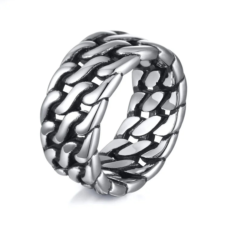 Water Proof Punk Jewelry Stainless Steel Vintage Wist Strap Silver Chunky Ring for Men