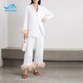 Custom Women Satin Sleepwear Set Custom Party Feather Trimmed Crepe De Chine Pajama Set