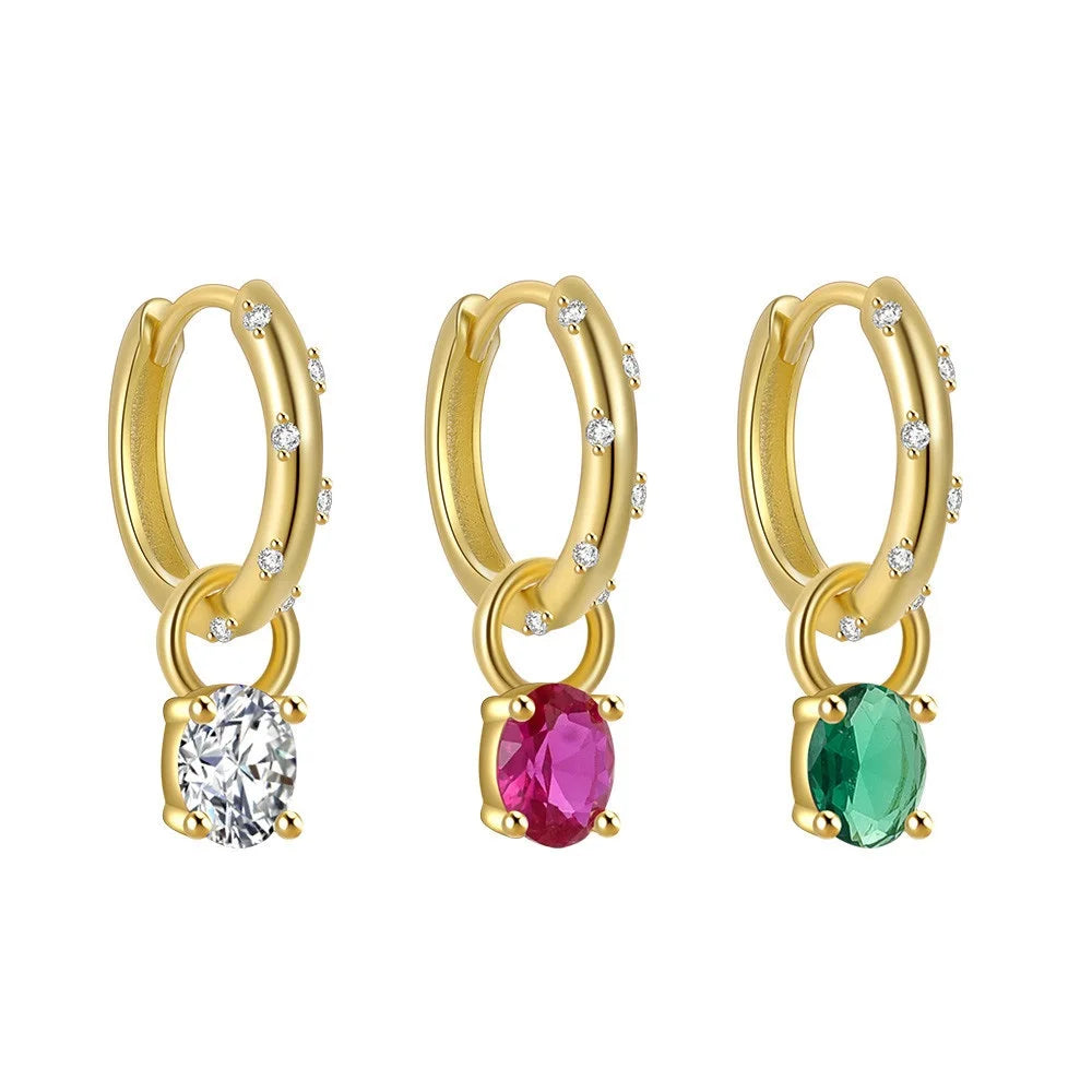925 Sterling Silver Colorful Oval Zirconia Pendant 18K PVD Gold Plated Huggie Earrings Gift for Woman