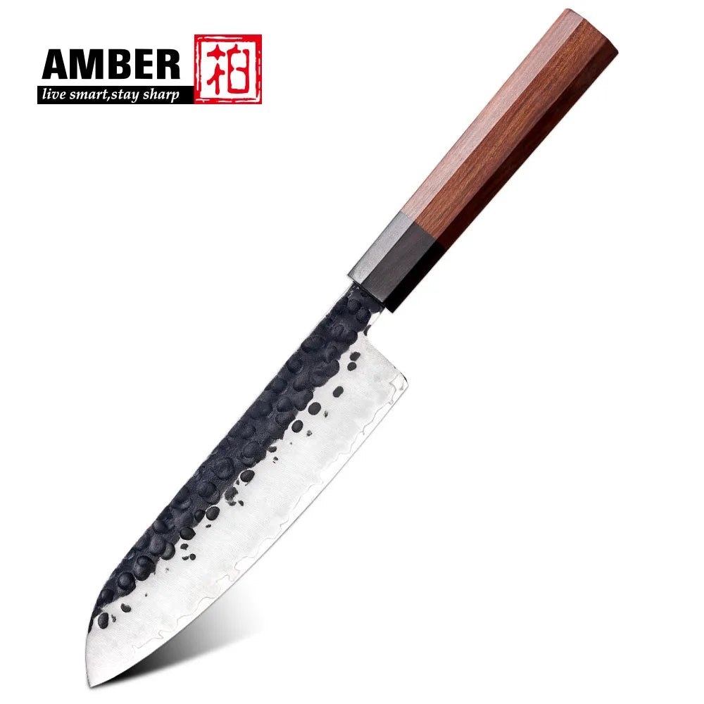 7 Inch Japanese Chef Knife Forged Handle Santoku Knife Black High Carbon Steel Blade with Wooden Handle