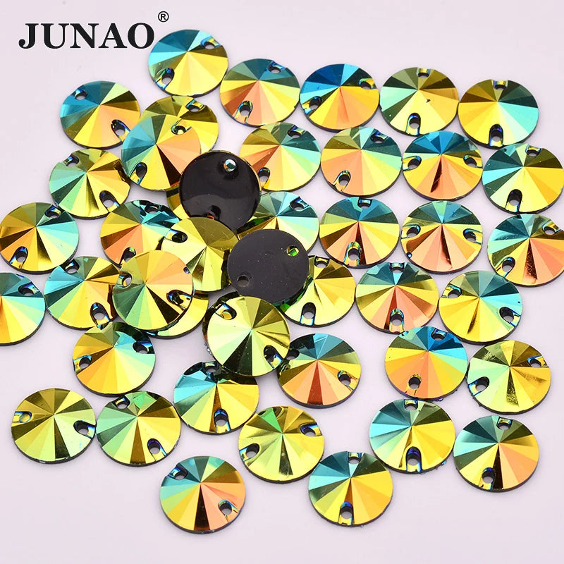 JUNAO 10mm 12mm 16mm 18mm Sewing Resin Rhinestones Good Price Flatback Stones Round Crystal Stones With Hole