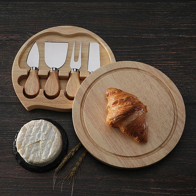 Round Cheese Board Set with Knifes 4-piece Kitchen Cheese Tool Set and Cutting Board Stainless Steel Cheese Knives Fork