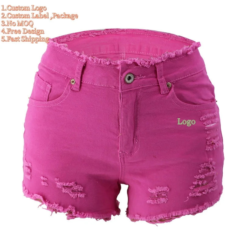 New Women's Elastic Ripped Denim Shorts High Waist with Zipper and Fringe Trim Light Wash Casual Y2K Pencil Pants for Summer