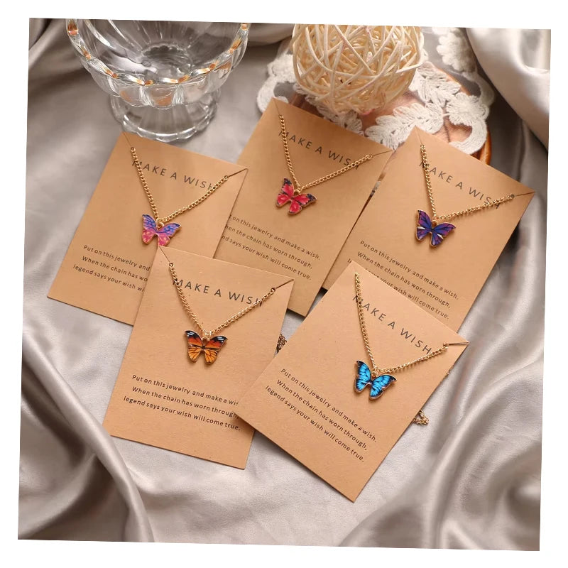 VKME Colourful Cute Bohemian Gold Clavicle Chain Resin Charm Acrylic Butterfly Pendant Necklace Thin Chain Women Jewelry