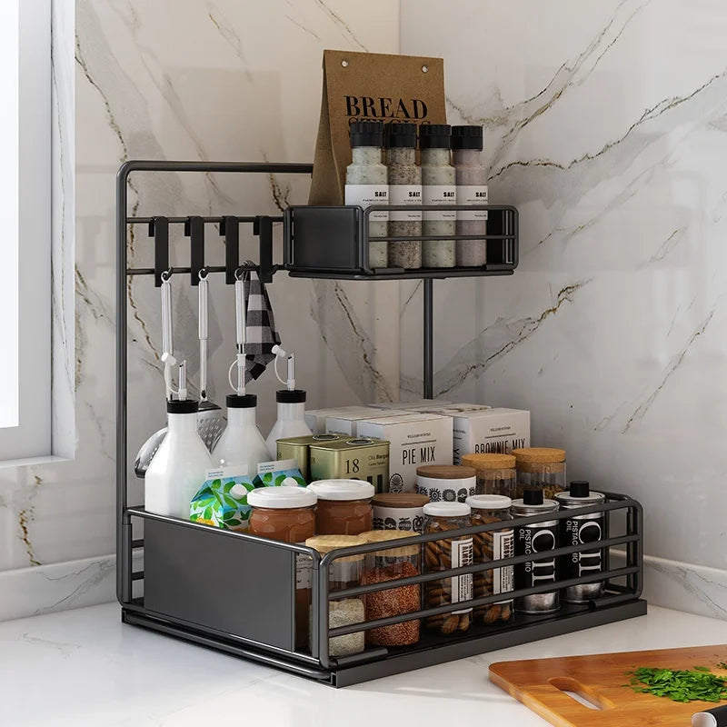 Kitchen Metal 2-layer Under Sink Storage Cabinet Mesa With Hook Spice Jars Rack Pull-Out Drawer Organizer Basket Sliding Shelf
