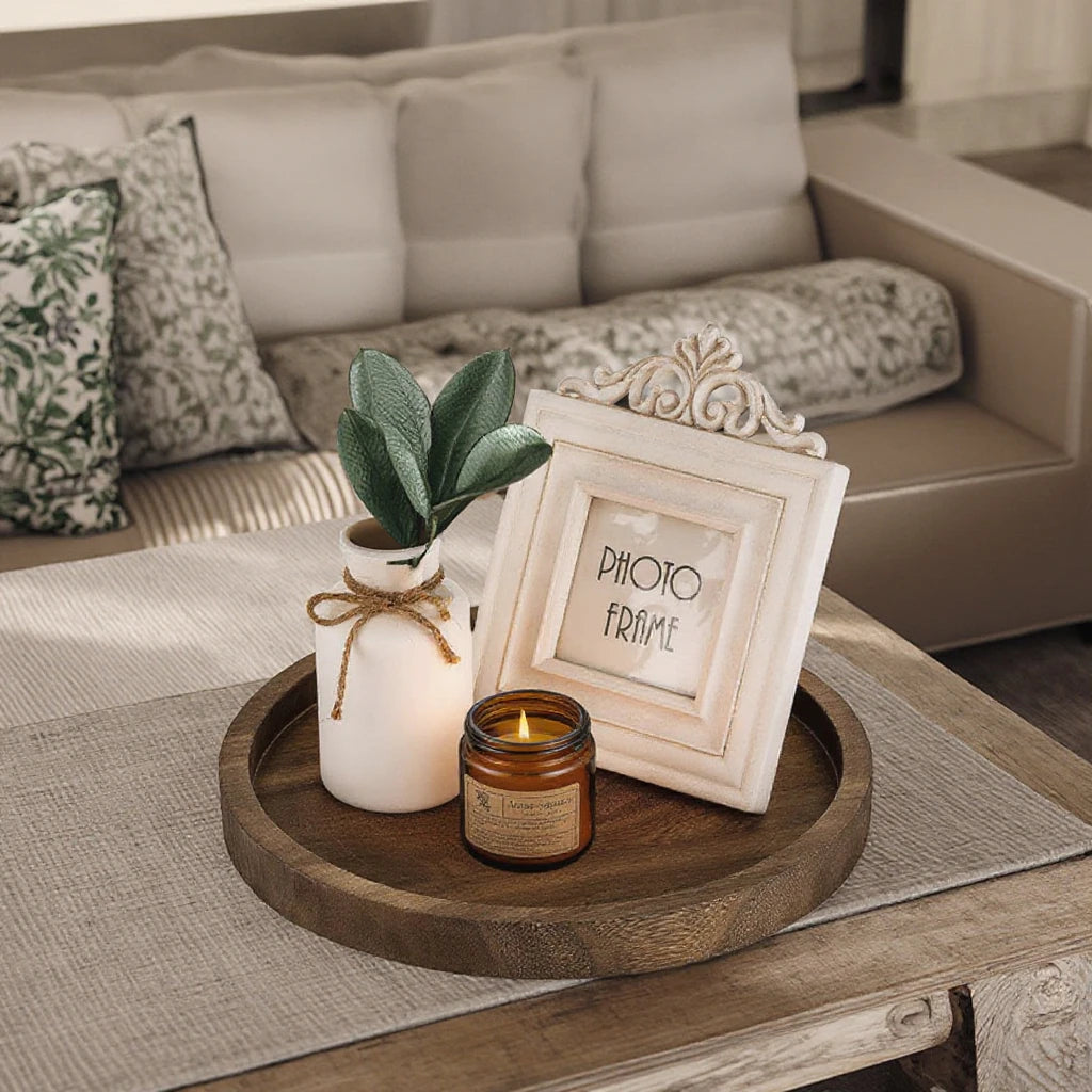 Small Round Solid Wood Tray for Dessert & Snacks Hotel Restaurant Candle Holder & Under Plate Decorative Wooden Tray Model