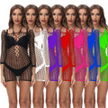 New Hanging Neck Body Stocking Long Sleeve Solid Mesh Mini Dress