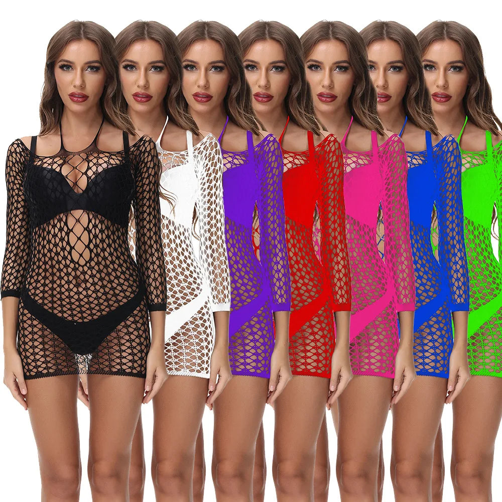 New Hanging Neck Body Stocking Long Sleeve Solid Mesh Mini Dress