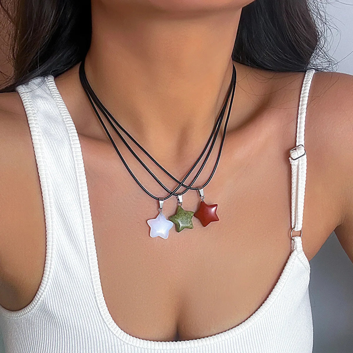 Simple Pentagonal Star Shaped Pendant Single Layer Necklace Bohemian Wax Line Glass Necklace Female Wax Chain Chokers