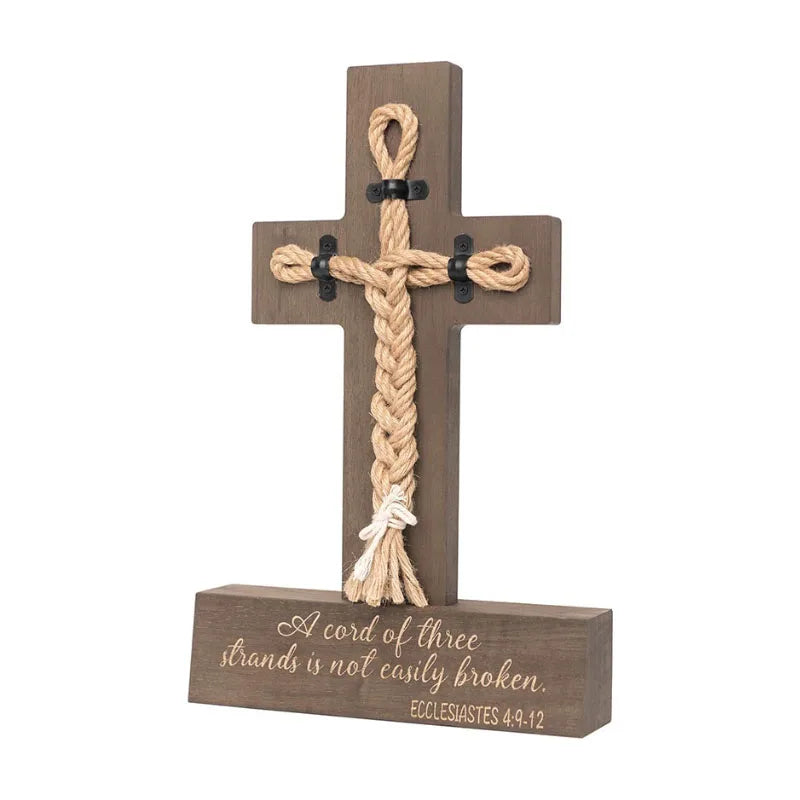 Handmade Religious Style Pine Wooden Cross with Rope and Base Polished Technique Home Crafts