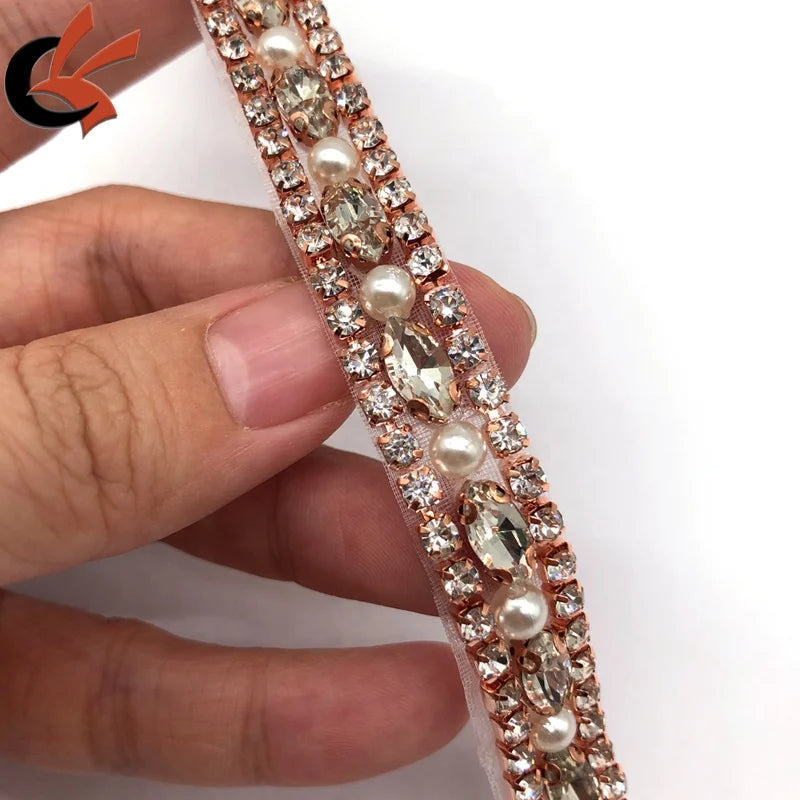 Rose Gold Hot Fix or Sew on by the Yard Crystal Beaded Pearl Applique Rhinestone Chain Crystal Trim