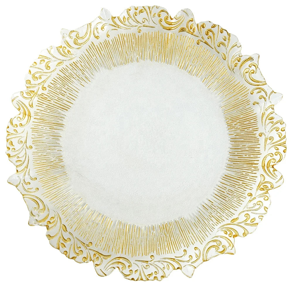 European Style 13 Inch Irregular Charger Plates Gold Flower Pattern Wedding Party Table Decoration Glass