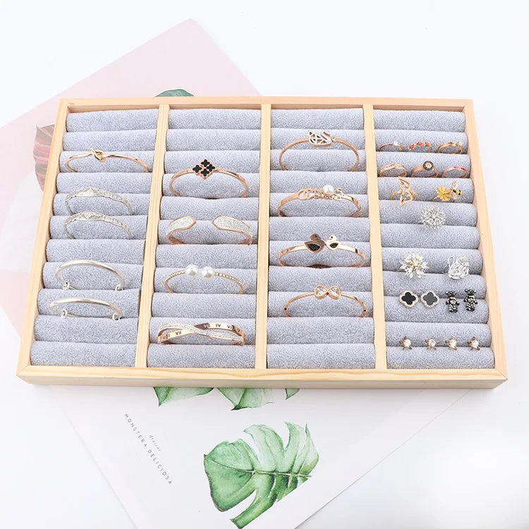 Wholesale Wooden Edge Insert Bracelet Accessories Tray Flannel Fabric Ring Earrings Display Tray Stall Jewelry Props Storage Box