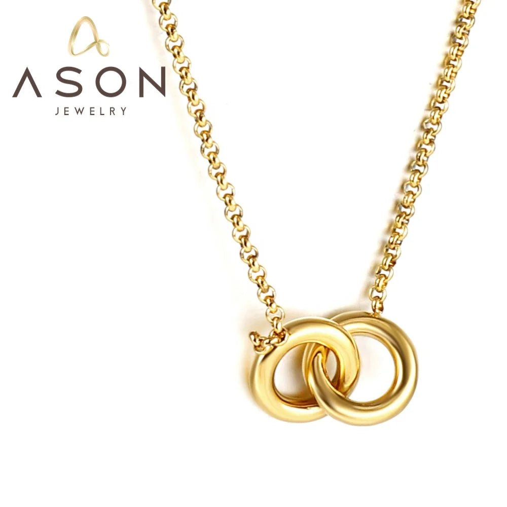 Ason Stainless Steel Round Pearl Chain Necklace Girlfriend Gift New Design Interlocking Double Circle Pendant Necklace