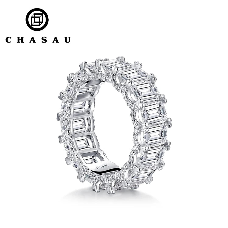 925 Sterling Silver Emeralded Cut Eternity Engagement Simulated Diamond Wedding Silver Full Eternity Ring Jewelry