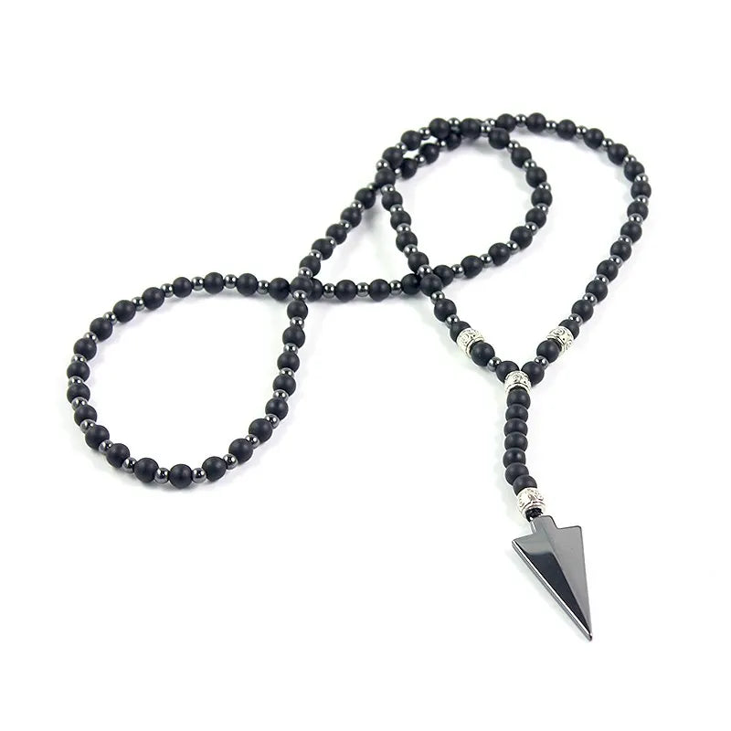 Matte Black Onyx 6mm Round Beads Arrow Necklace Hematite Arrowhead Bead Necklace for Men's Jewelry