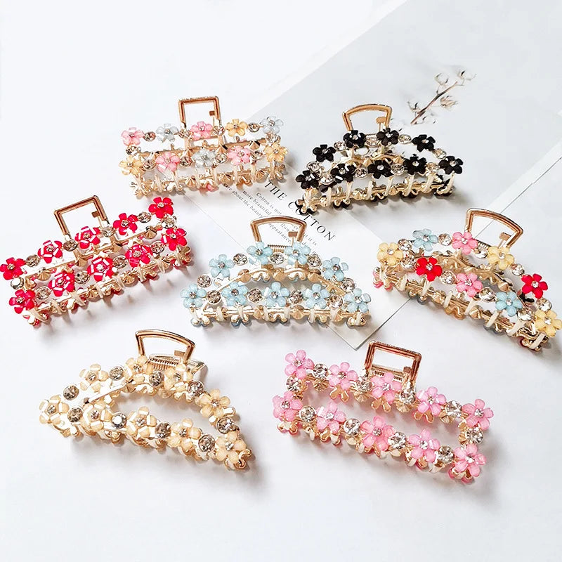 Alloy Claw Clip Glisten Rhinestone Veijer Korean Flower for Think Hair Women Children's Hair Decoration Daily Life