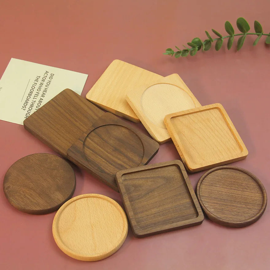 Custom Logo Beech Walnut Wood Coasters Bar Kitchen Home Dinner Table Decor Heat Resistant Tea Coffee Cup Mat Coaster