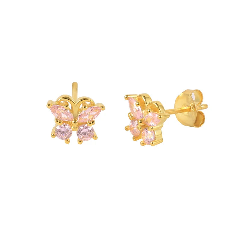 925 Silver Gold Plated Pink Zircon Butterfly Stud Earrings for Wedding and Gift