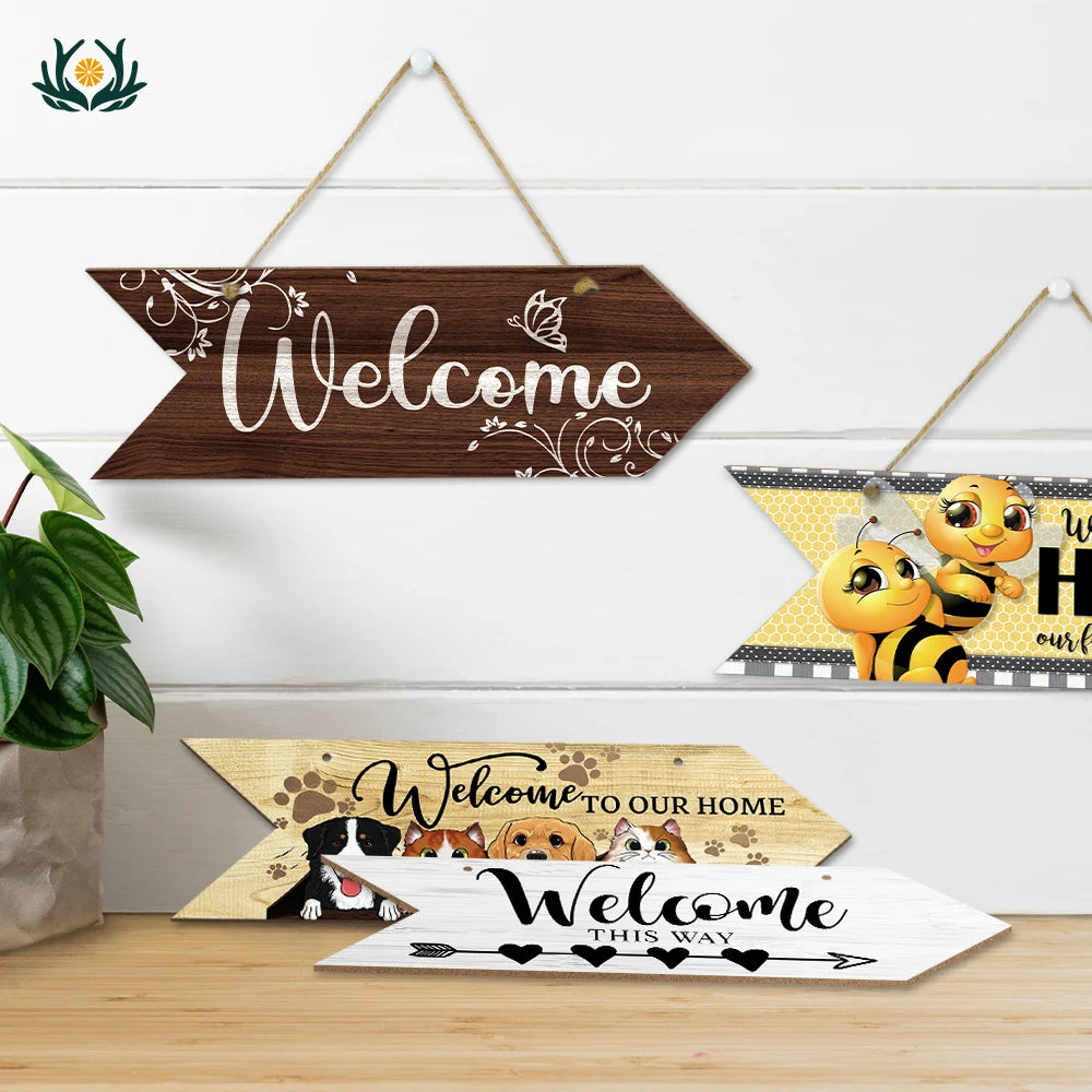 Putuo Decor Welcome Arrow Shape Wood Sign Hello Spring Hanging Plaque Wall Sign for Gift Home Indoor Decor
