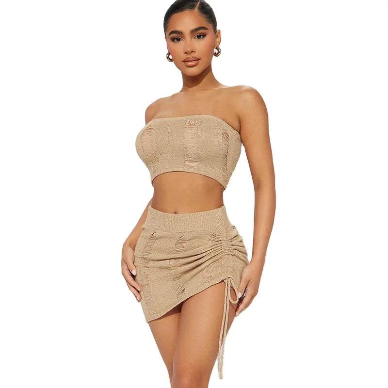 2023 Elegant Ladies' Two-Piece Casual Set Fashionable Summer Sleeveless Skirt Suits with Solid Pattern Top Short Length
