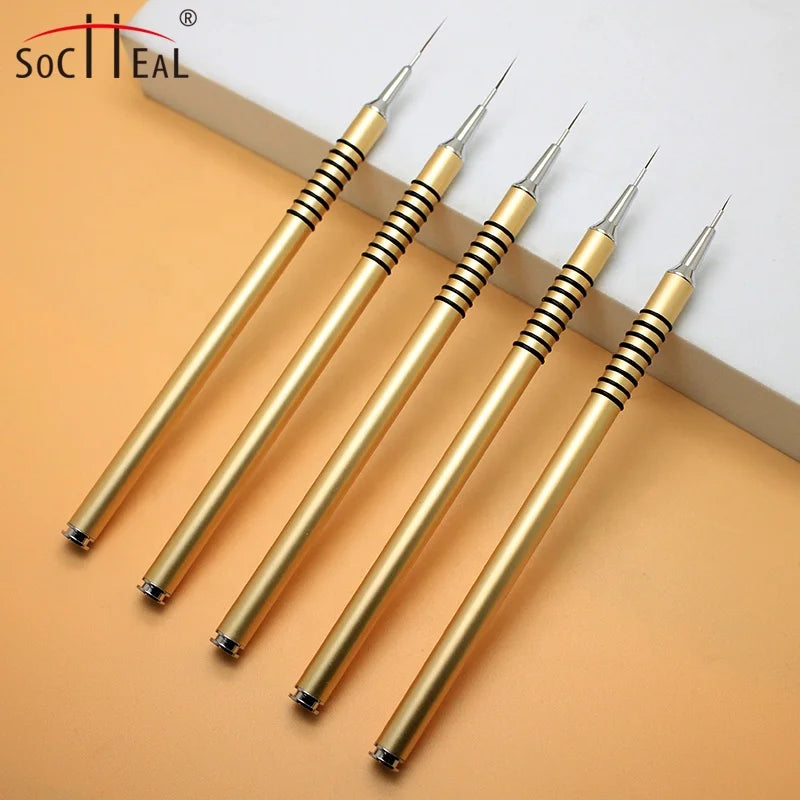 2022 New High End 5 Pcs Gold Holster Metal Handle Gel Liner Nail Art Brush Set Nylon Hair Drawing Painting Line Pen