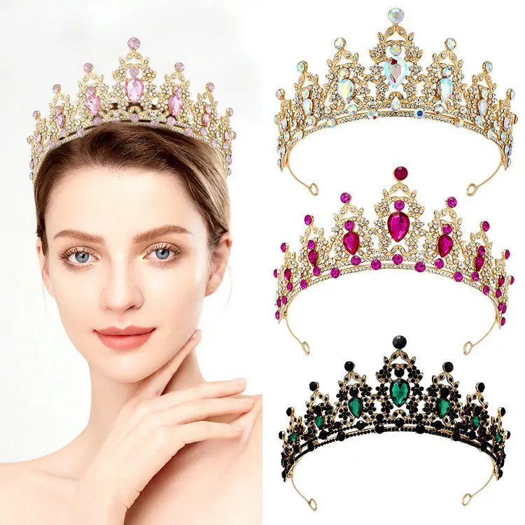 QS Baroque Style Gold Plated Alloy Crown Colorful Rhinestone Hair Bands Tiara Wedding Party Hair Accessories for Women