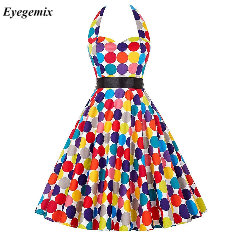 Summer Casual Dress Women Polka Dot Retro Swing Gown Pin up Robe Vintage 60s 50s Rockabilly Sundress