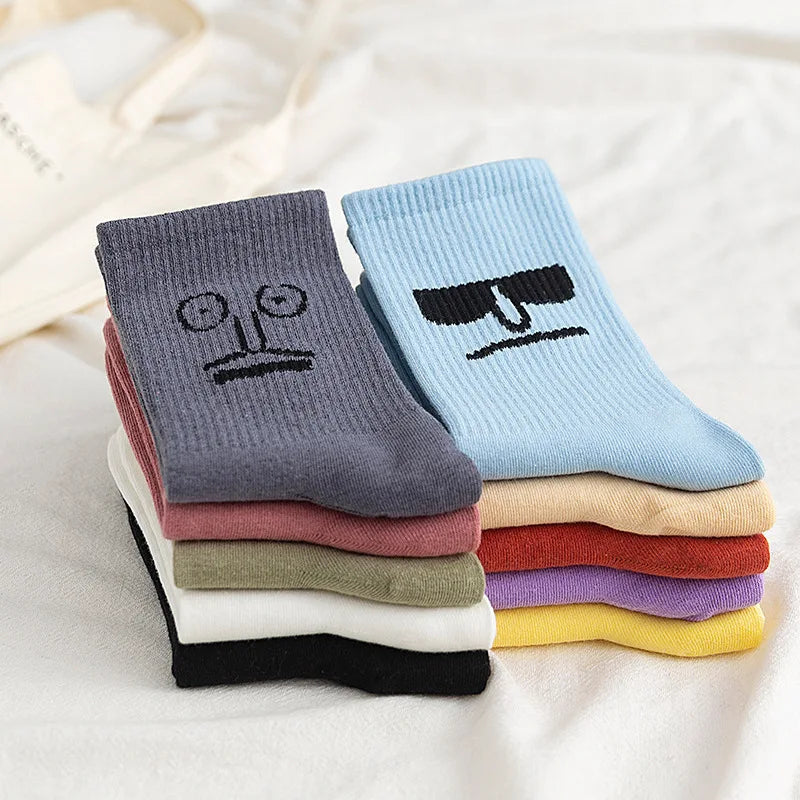 HF Women's Funny Anime Cartoon Face Emoticon Socks 100% Cotton Crew Length with Body Logo