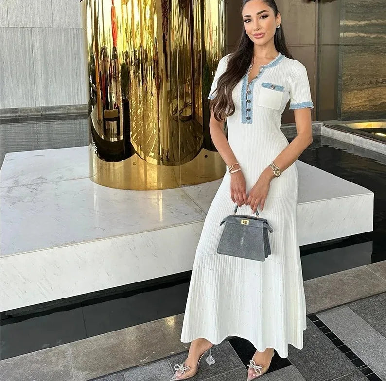 Popular Design Slim Knitted Casual Short Sleeve Elegant Rib Midi Ladies Long Dresses Women
