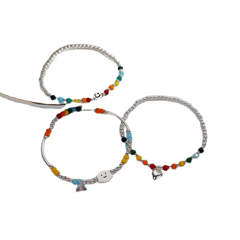 New Fashion Classic Style Women's Silver Plated Rainbow Bracelet Simple Personality Sweet Charm Lover's Pattern Brass Gift