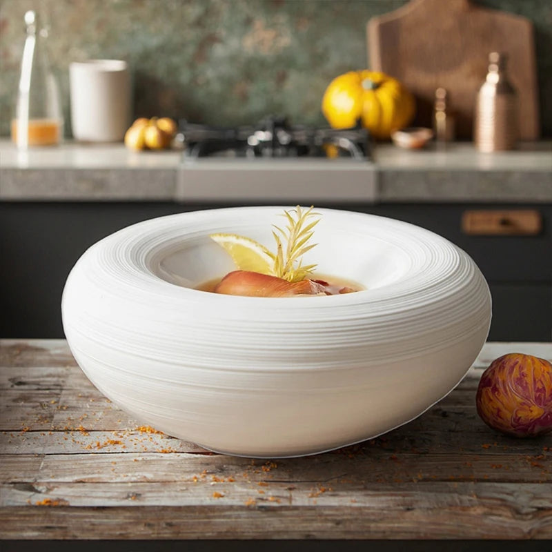 Nordic White Banquet Restaurant Tableware Thick Porcelain Plate Dishes Serving Deep Ceramic Double Layer Plate
