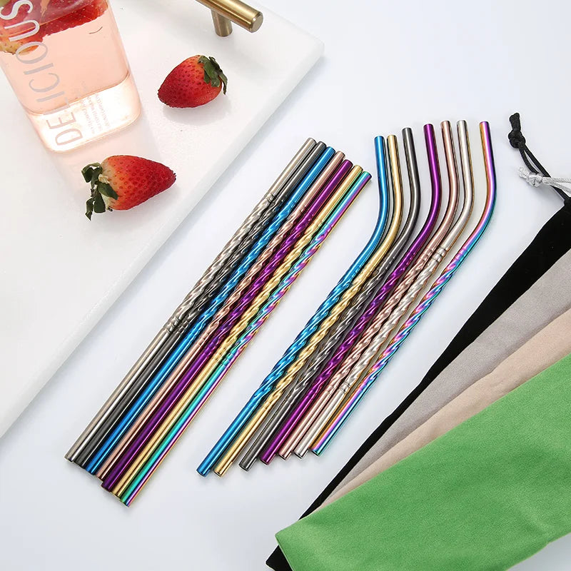 Reusable Custom Logo Stainless Steel 18/8 Drinking Metal Spiral Straw Set with Bag