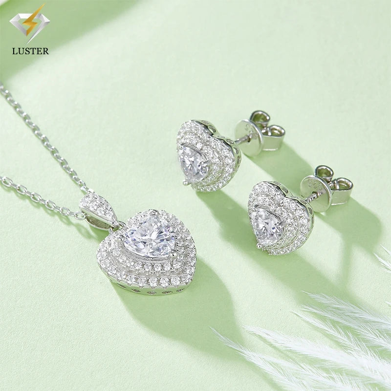 Luster 925 Silver Double Halo Heart Moissanite Diamond Stud Earrings and Pendant Necklace Jewelry Set Moissanite