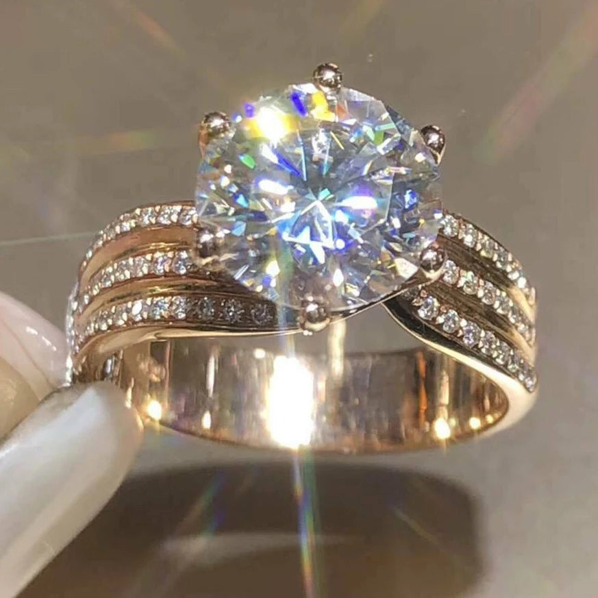 Huitan Hot Sale Shiny Cubic Zirconia Shiny Stone Cubic Big Rings Three Layers Women Gold Plated Pure Luxury Wedding Rings
