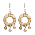 HOVANCI Bohemian Beach Handmade Woven Rattan Pearl Shell Earrings Round Rattan Cowrie Shell Earrings