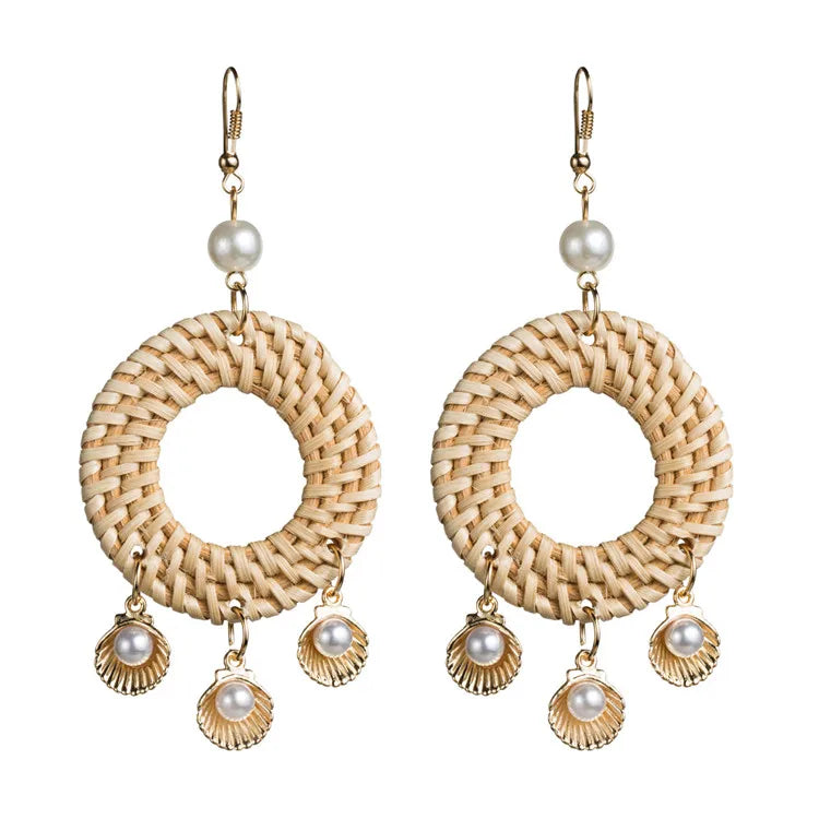 HOVANCI Bohemian Beach Handmade Woven Rattan Pearl Shell Earrings Round Rattan Cowrie Shell Earrings