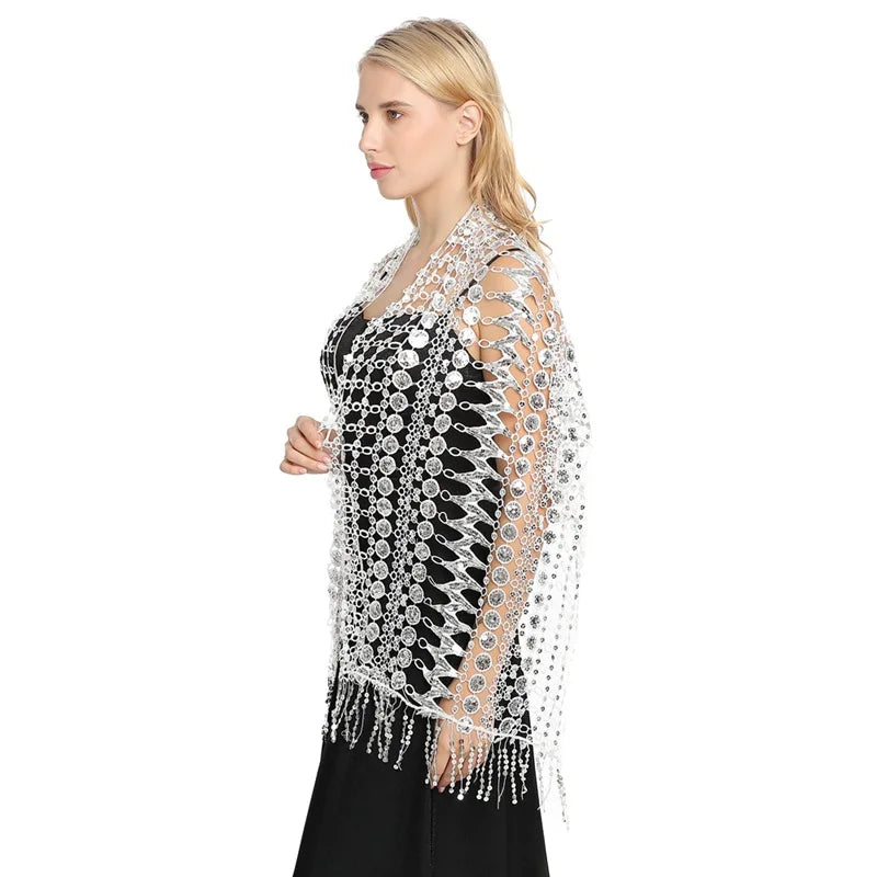 MIO Elegant Women Glittering Wedding Cape Scarf Mesh Sequin Fringed Women Lady Evening Shawl Wrap