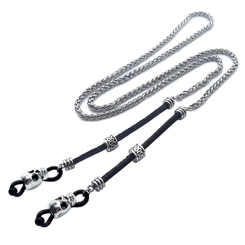 Premium Stainless Steel Silicone Punk Skull Sunglasses Necklace Silver Black 78cm Length Unisex Decorative Eyeglass Sunglass