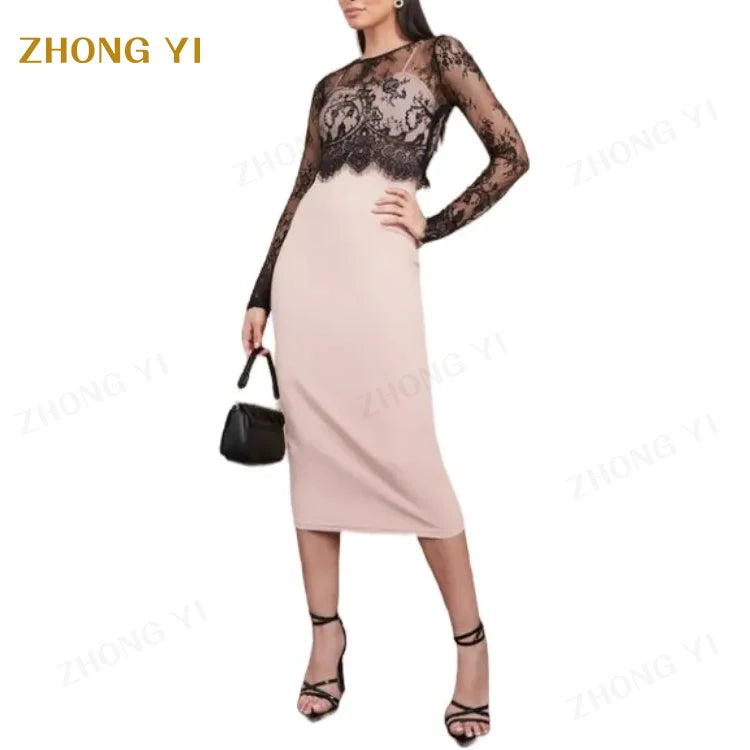 Customized Lace Long Sleeves Summer Women's Fashion Elegant Good Stretch Back Slit Midi Women Party Casual Dresses