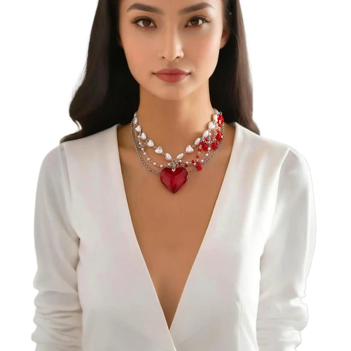 Layered Pearl Beads Chain With Heart Choker Necklace for Women Y2K Ladies Clavicle Chain Accessories 2025 Fashion Female Jewelry