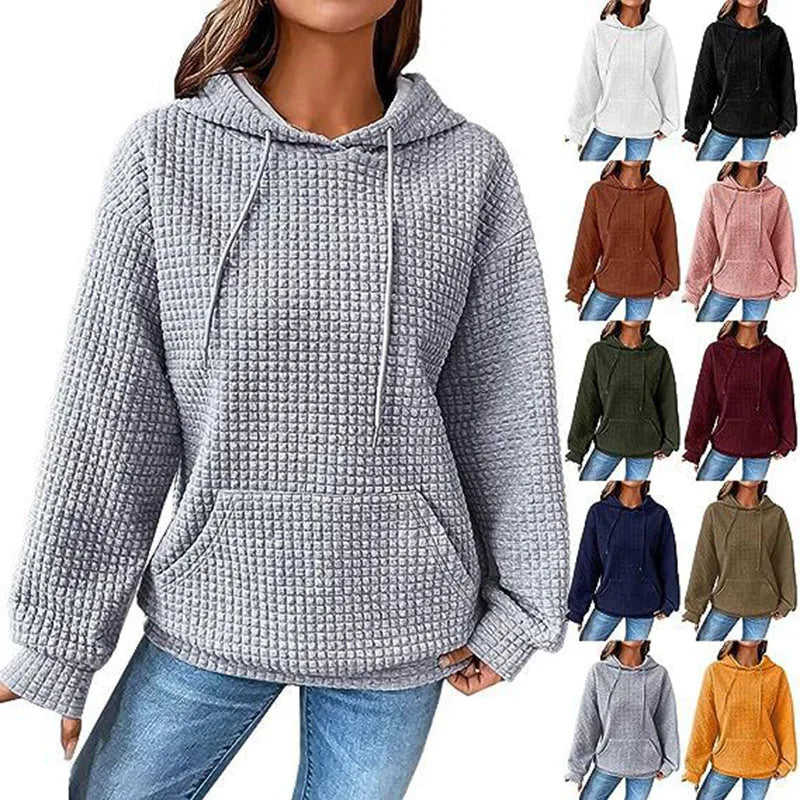 RNSHANGER Women Solid Color Sweatshirts Autumn Winter Fashion Waffle O-Neck Pullover Hoodies Female Casual Long Sleeve Hoodie