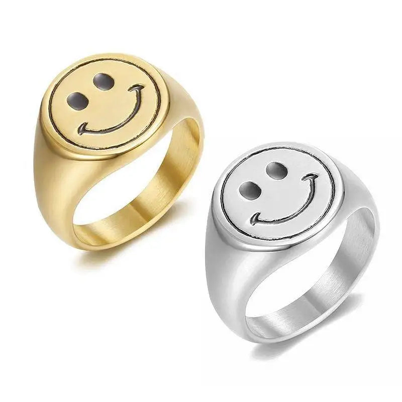 25 High Quality Punk Smile Face Rings Hip Hop for Men Women 18K Gold Plated Stainless Steel Silver Chunky Big Ring Street Style