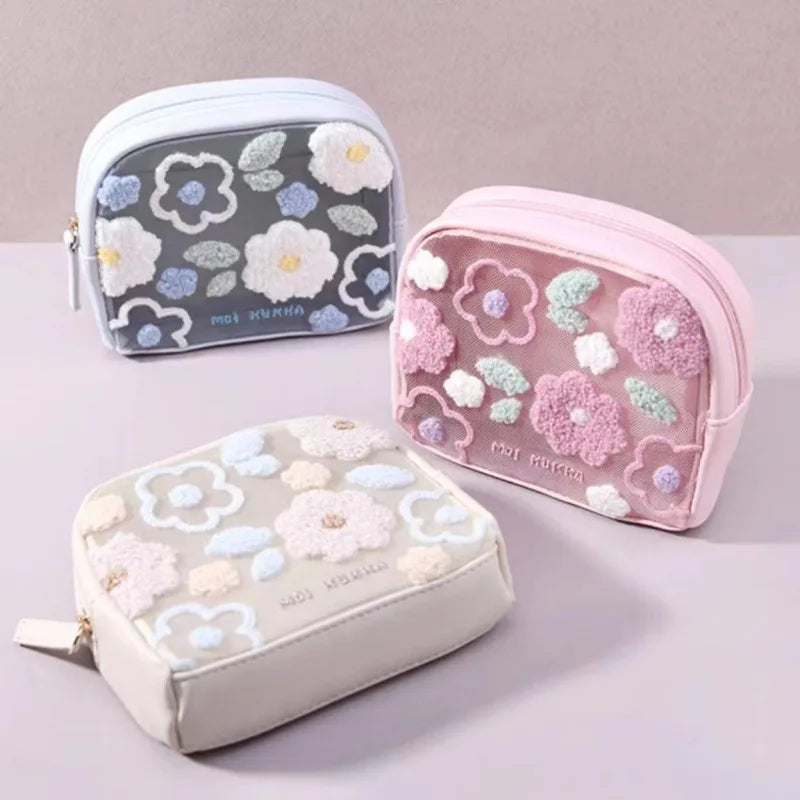 2024 New Design Cute Womens Make up Pouches Embroidery Flower Makeup Bag Clear Zipper Pouch Cosmetics Bags
