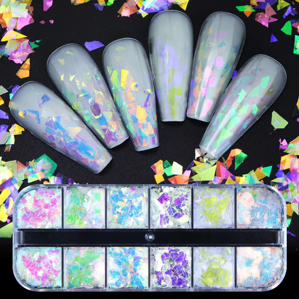 12 Grids Holographic Nail Glitter Flakes Sparkly Nail Sequins Irregular Paillette DIY Nail Art Decorations