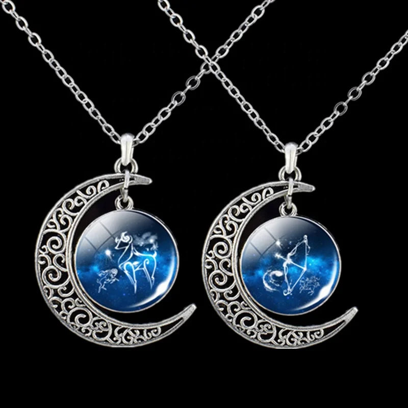 Handmade 12 Horoscope Necklace Aries Leo Gemini Libra Virgo Zodiac Signs Glass Dome Crescent Moon Pendant Necklace
